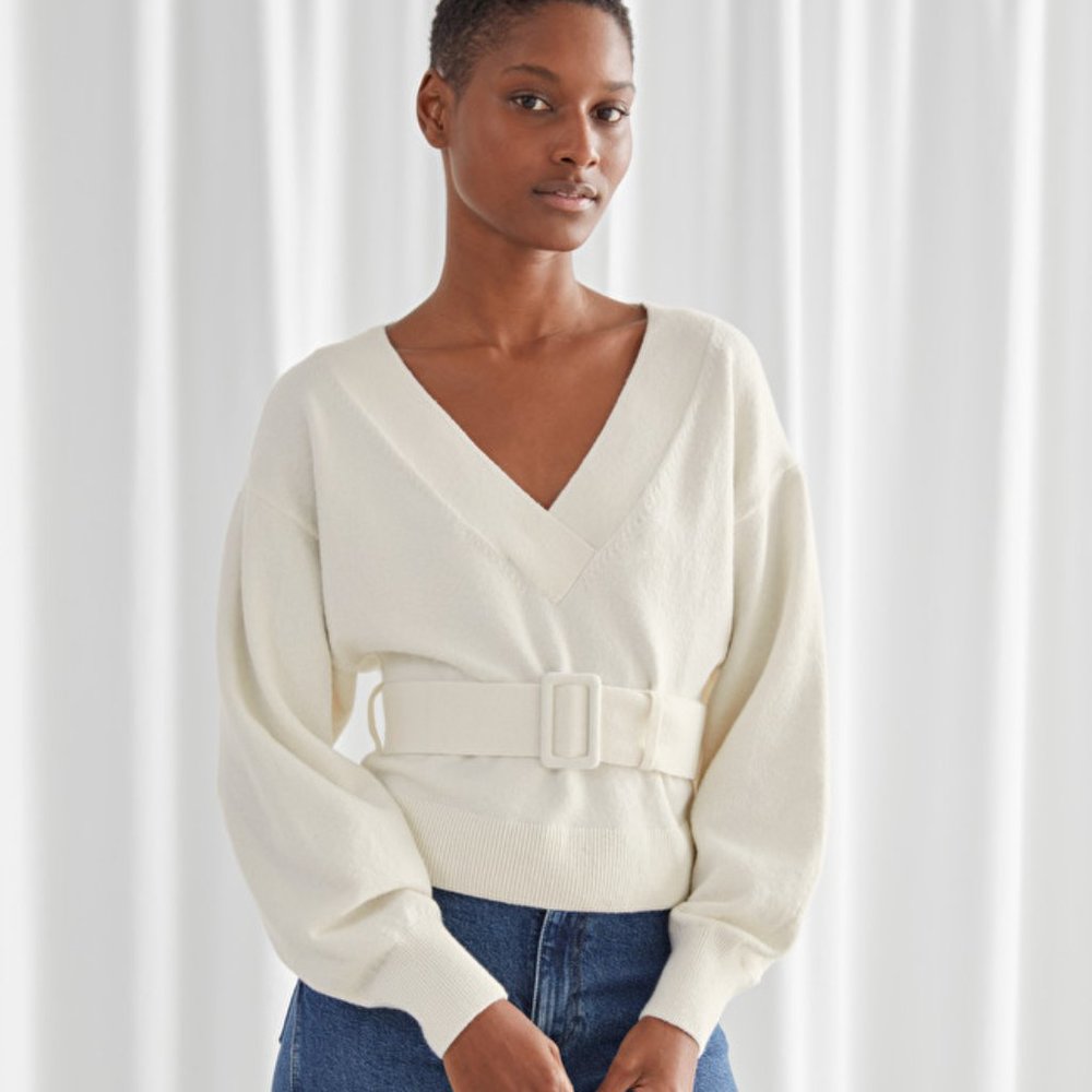 & Other Stories White V Neck Sweater
